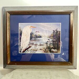 Vtg White Heron Egret Bird Print Framed Wall‎ Art Rustic Wood Frame Blue Matte
